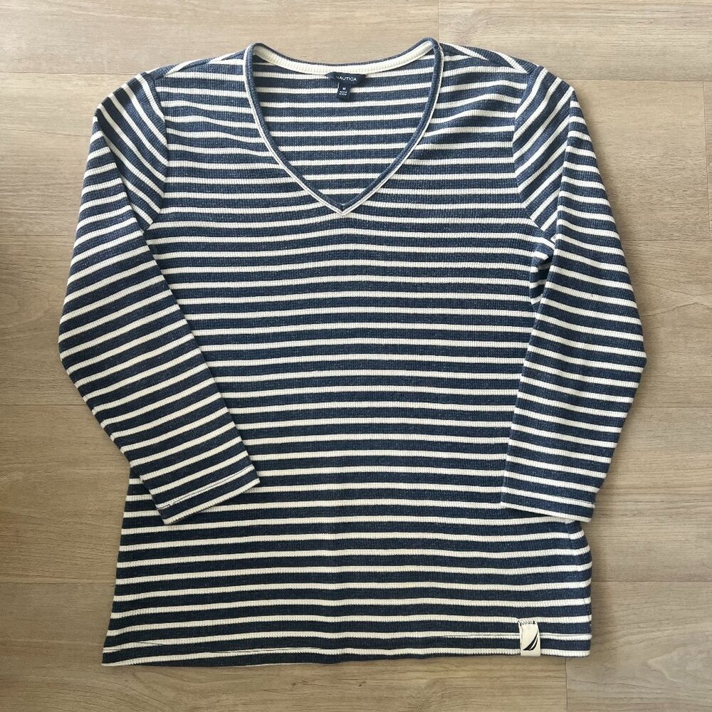 Nautica Wms Striped Blue/White 3/4 Sleeve V-Neck Pullover Top Nautical Coastal M